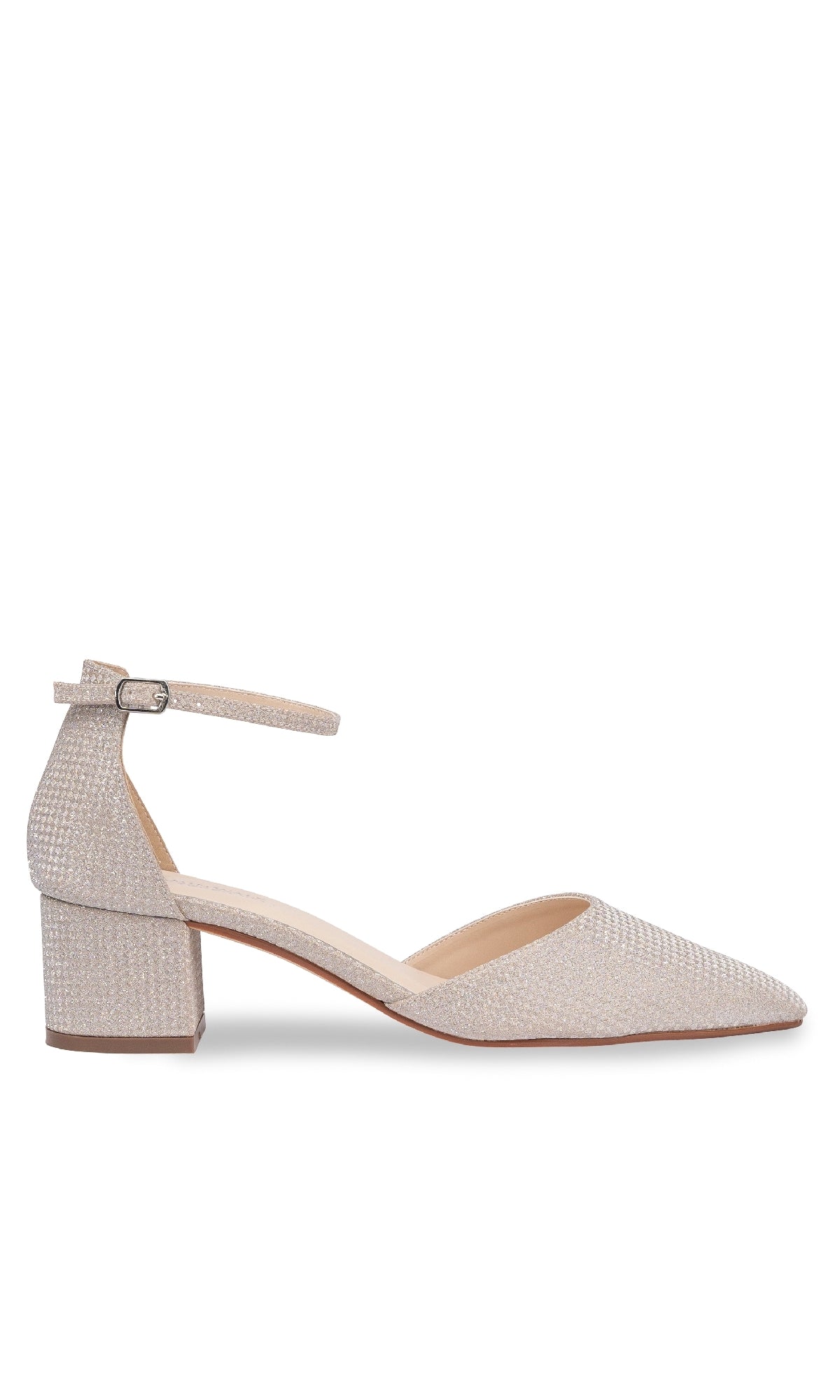 Side view of Tegan Champagne Shimmer Prom Shoes by Touch Ups 4664—beige low block heel with pointed toe, textured finish, and ankle strap with buckle—a chic closed-toe option for prom.